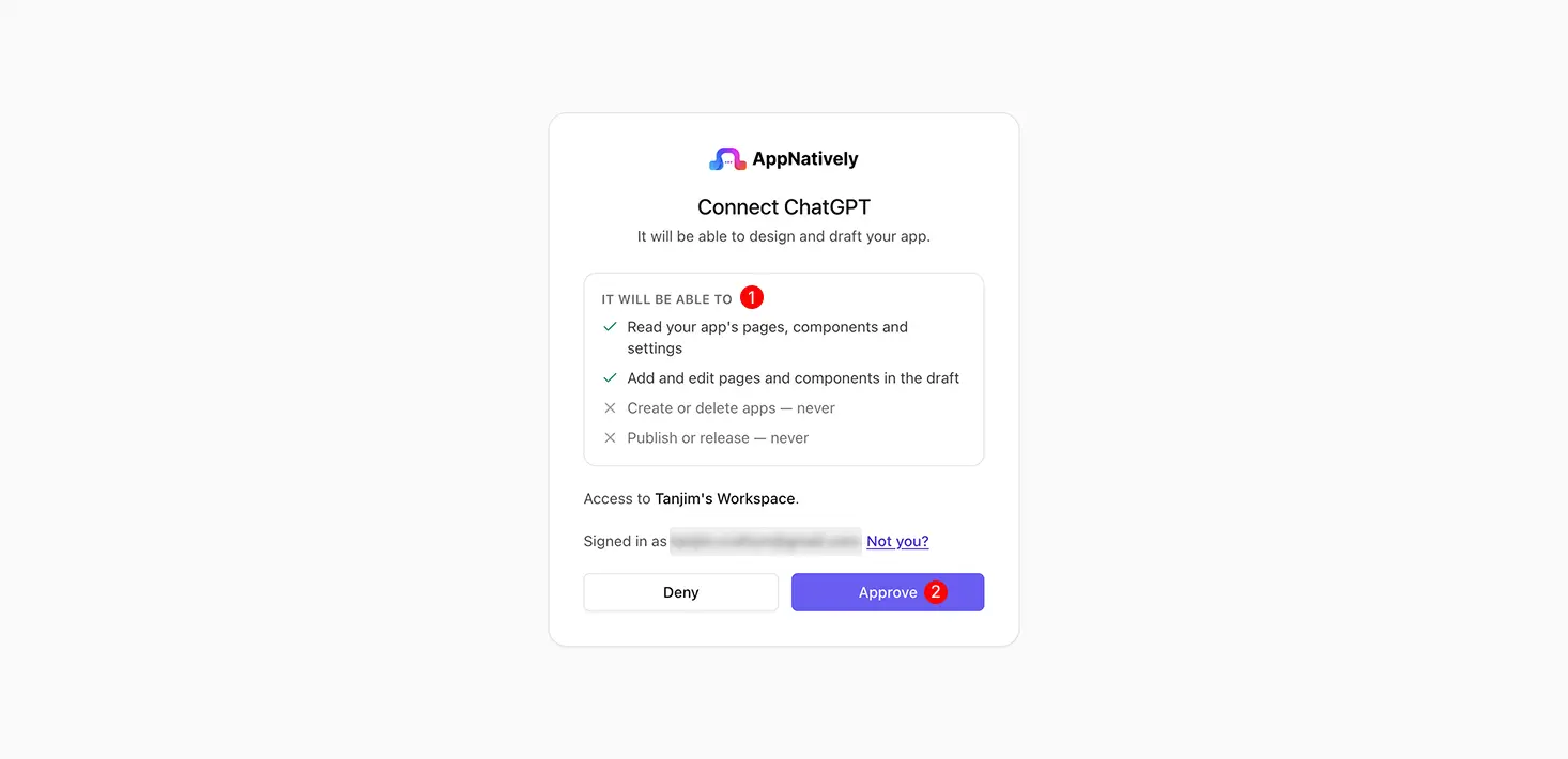 AppNatively approval screen listing what the AI assistant can and can’t do, with an Approve button.