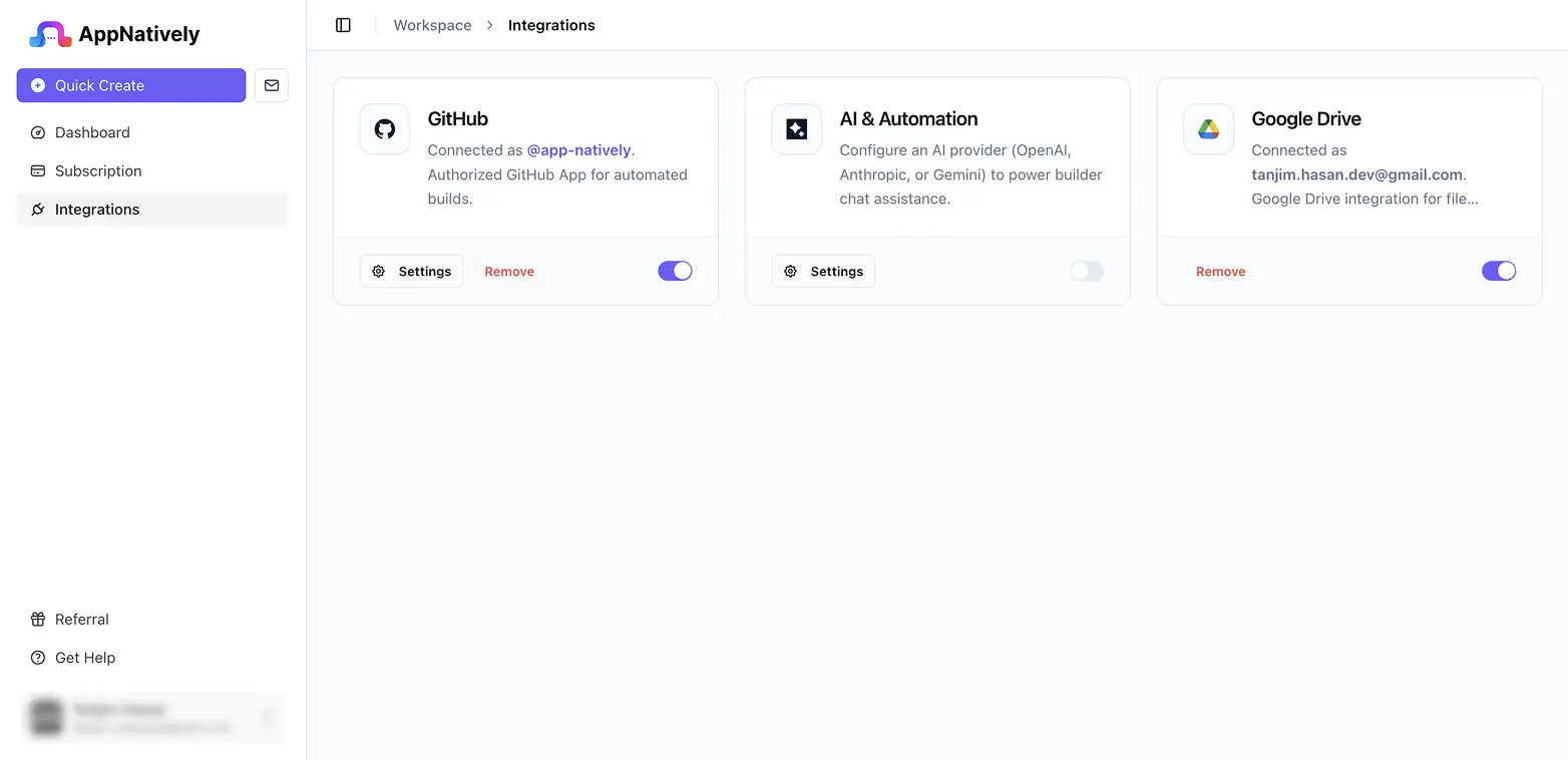 The AppNatively Integrations page