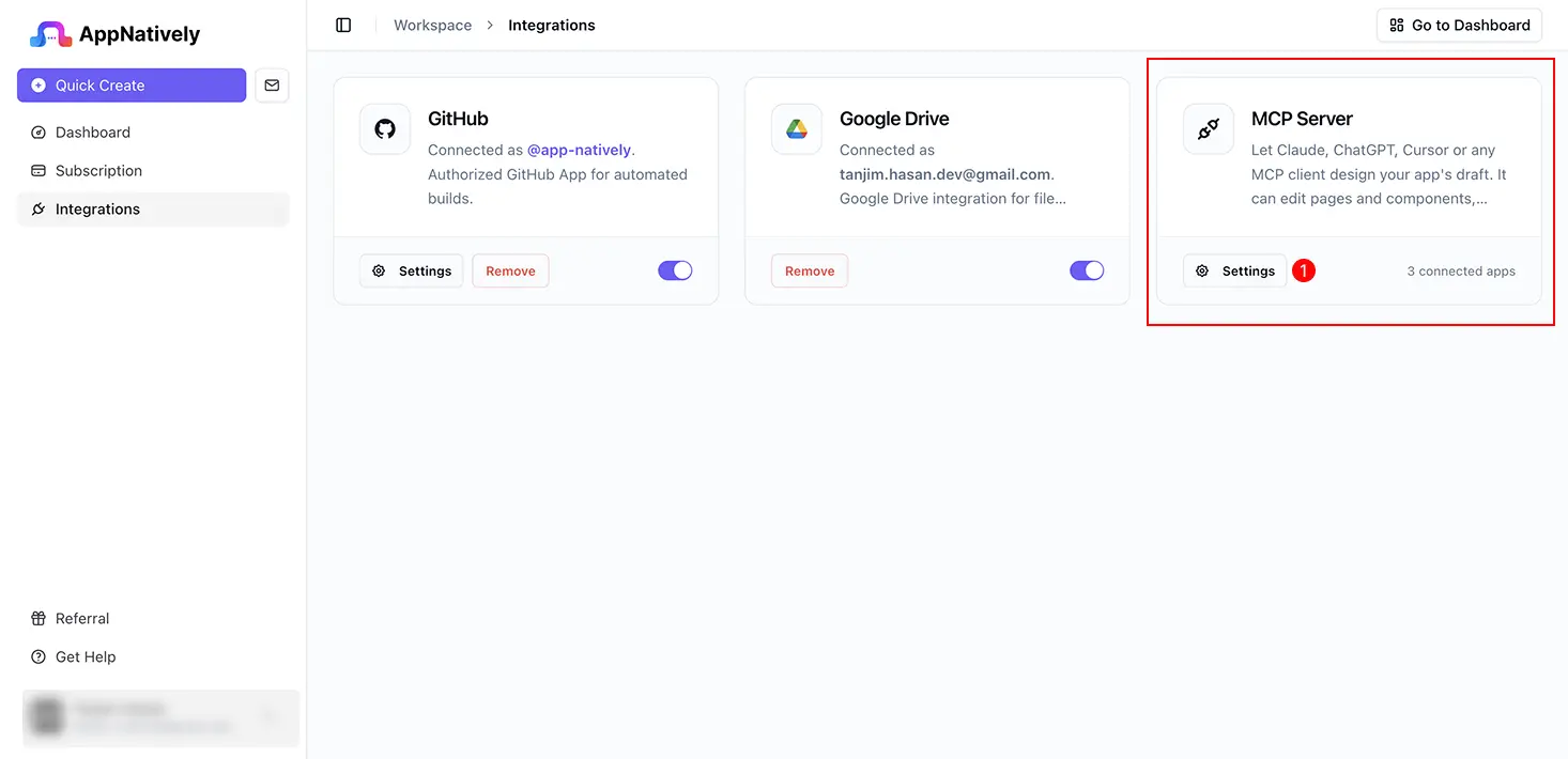 AppNatively Integrations page with the MCP Server card’s Settings button highlighted.
