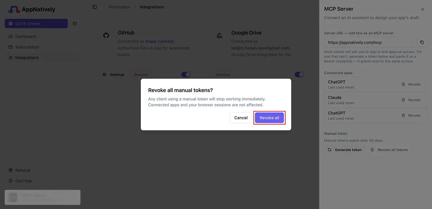 Confirmation dialog for revoking all AppNatively manual MCP tokens.