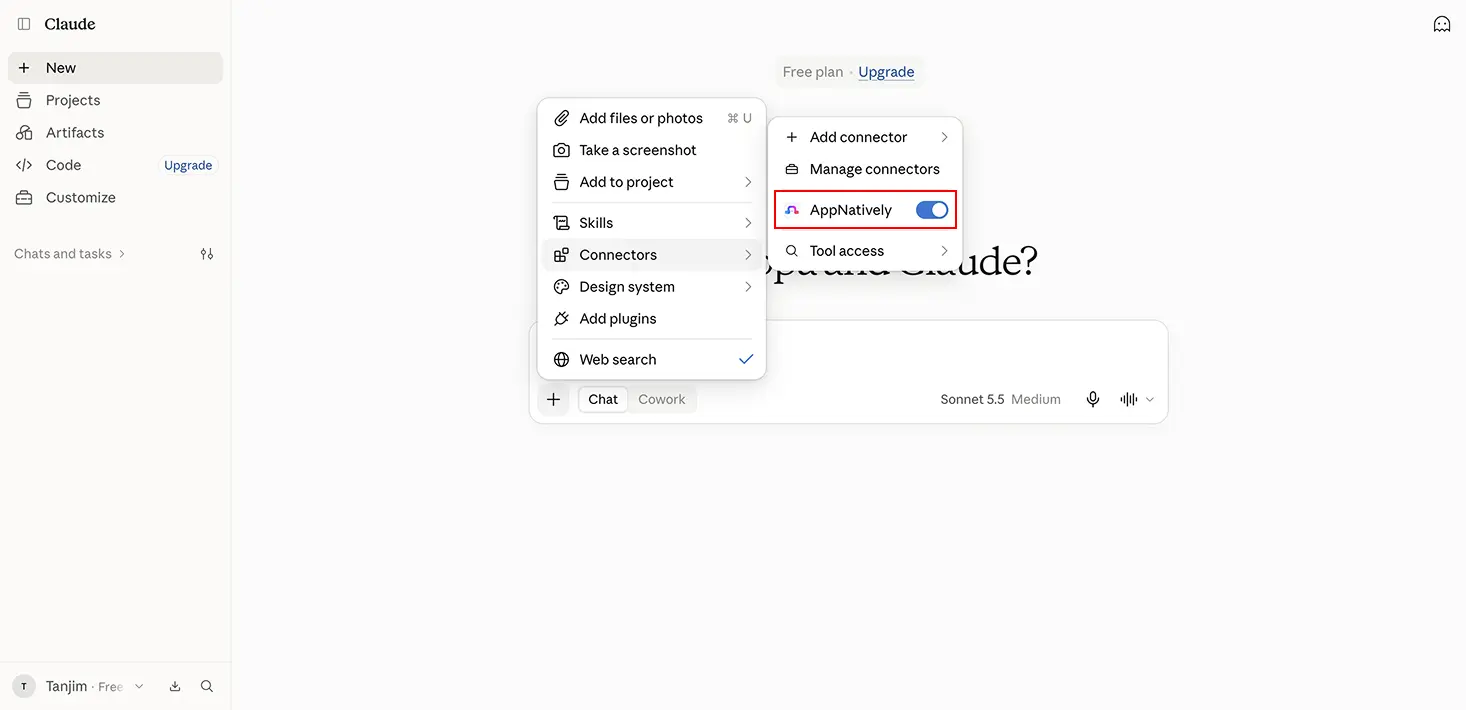 AppNatively connector switched on in a Claude conversation.