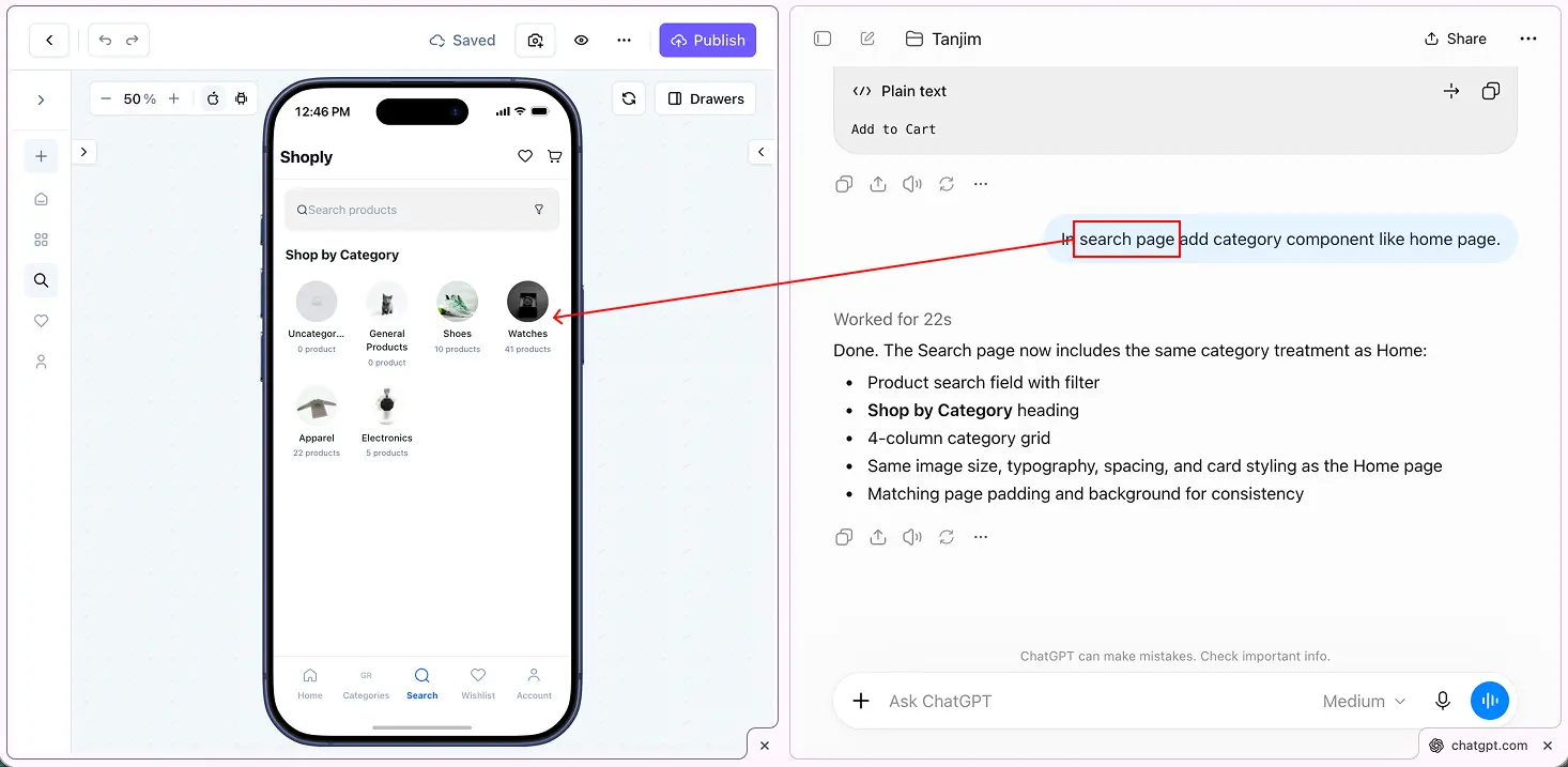 AI prompt that reuses an existing page’s style, and the matching result in the AppNatively App Editor.
