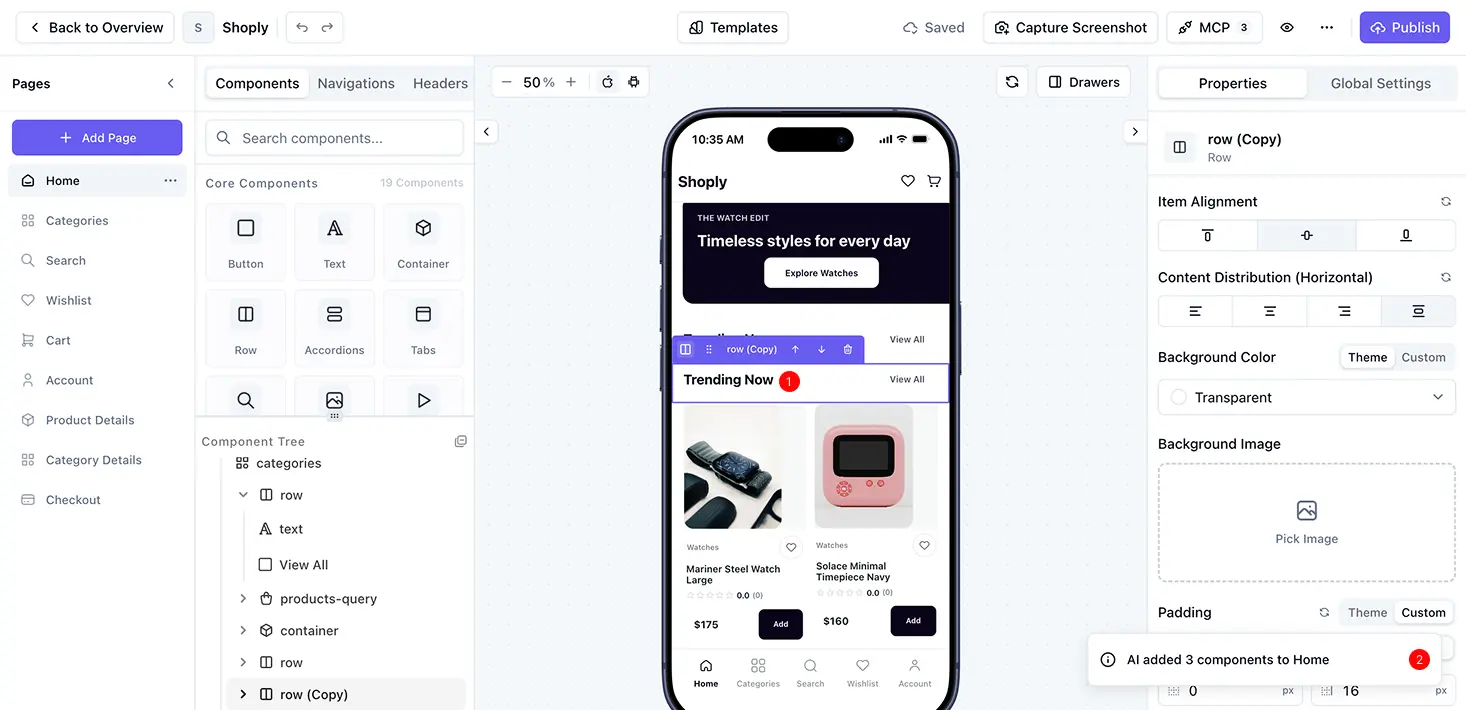 AppNatively App Editor highlighting a component the AI just added.