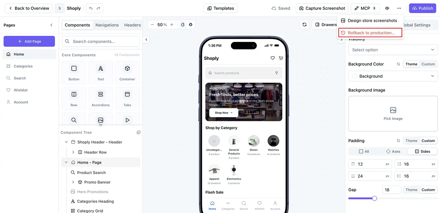 AppNatively App Editor More actions menu with Rollback to production highlighted.