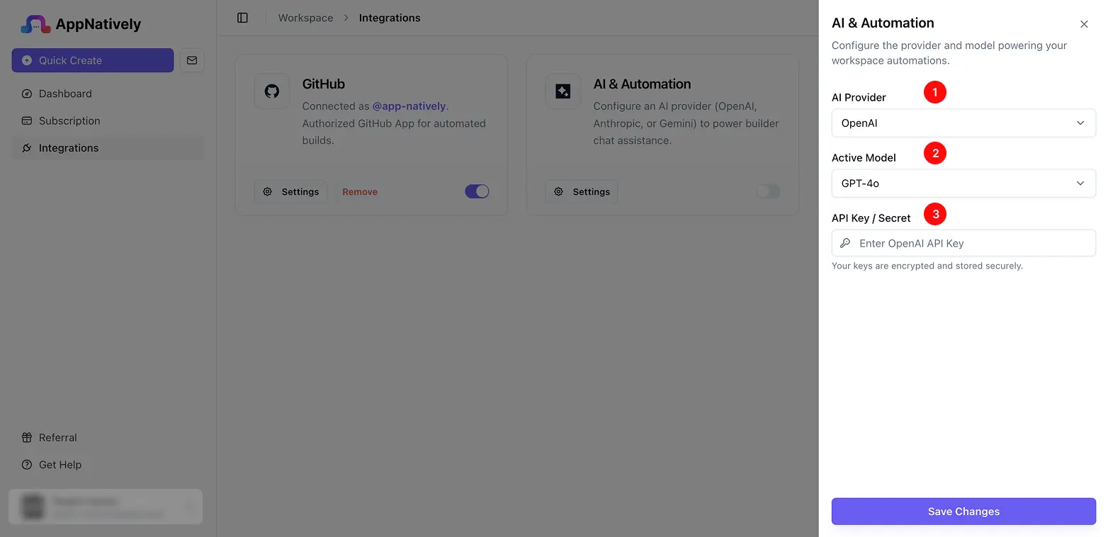 GitHub integration card in AppNatively with its connect switch.