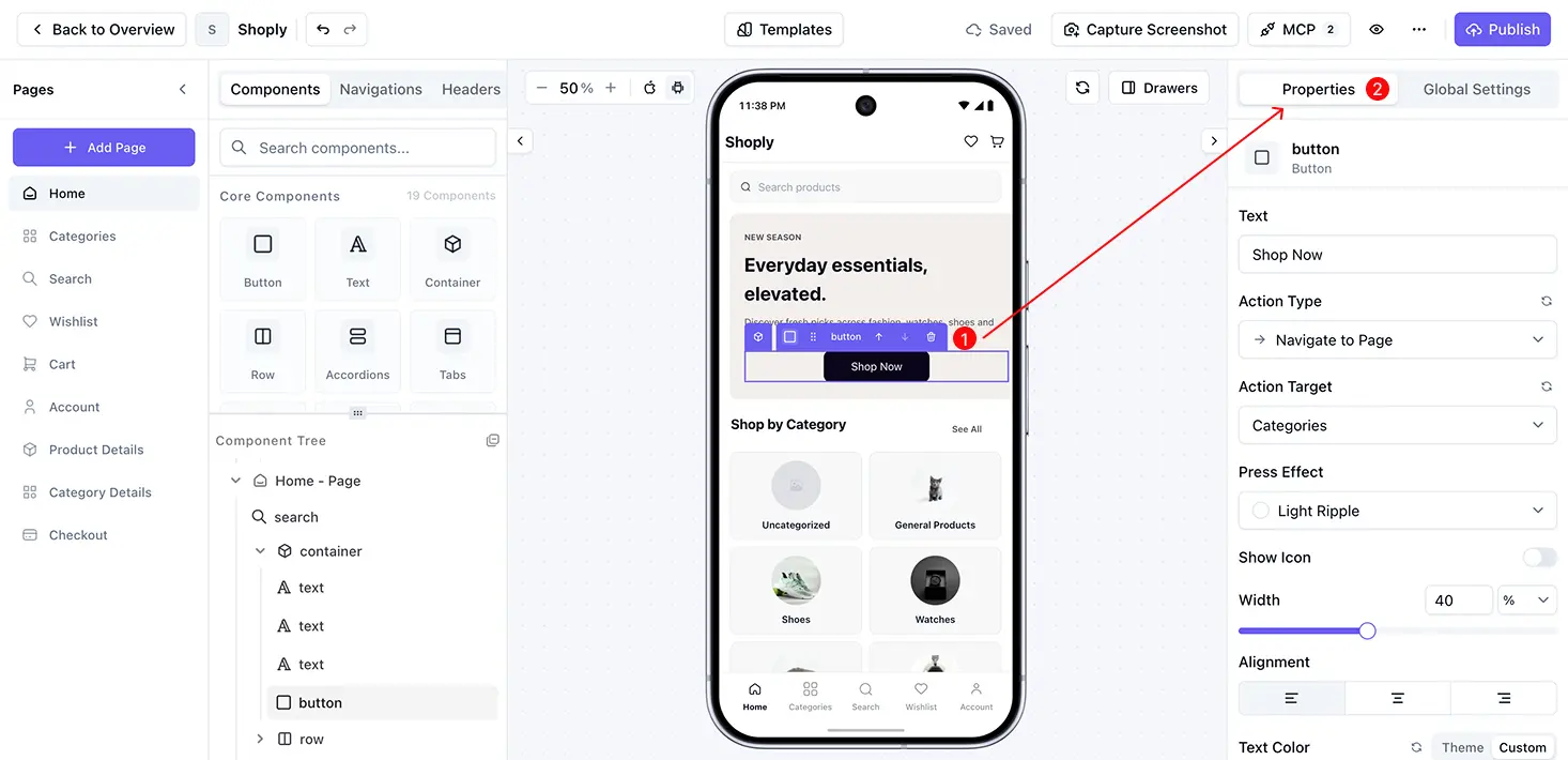 AppNatively properties panel showing settings for the selected component.