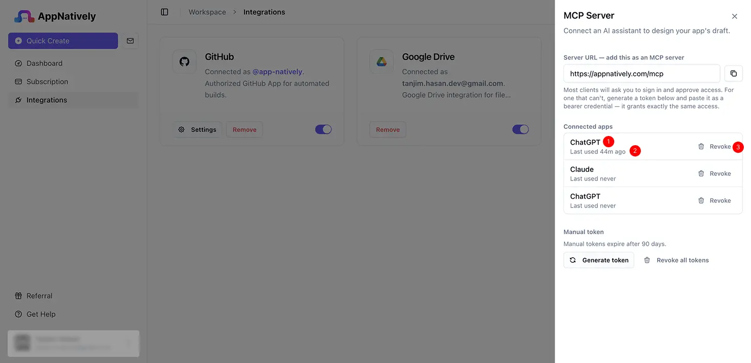 AppNatively Connected apps list showing AI assistants, their last-used times and Revoke buttons.