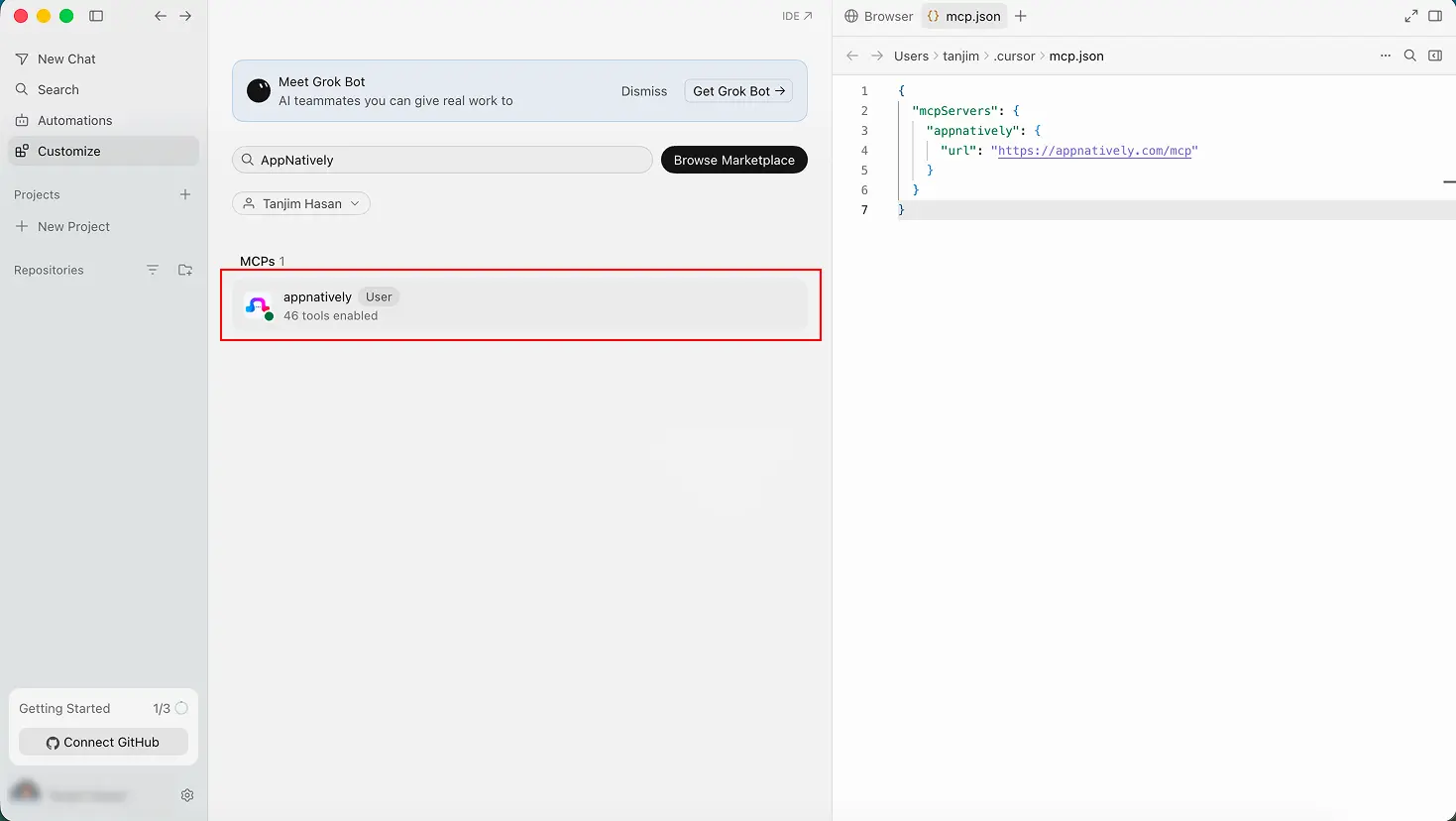 Cursor MCP settings showing the AppNatively server connected.
