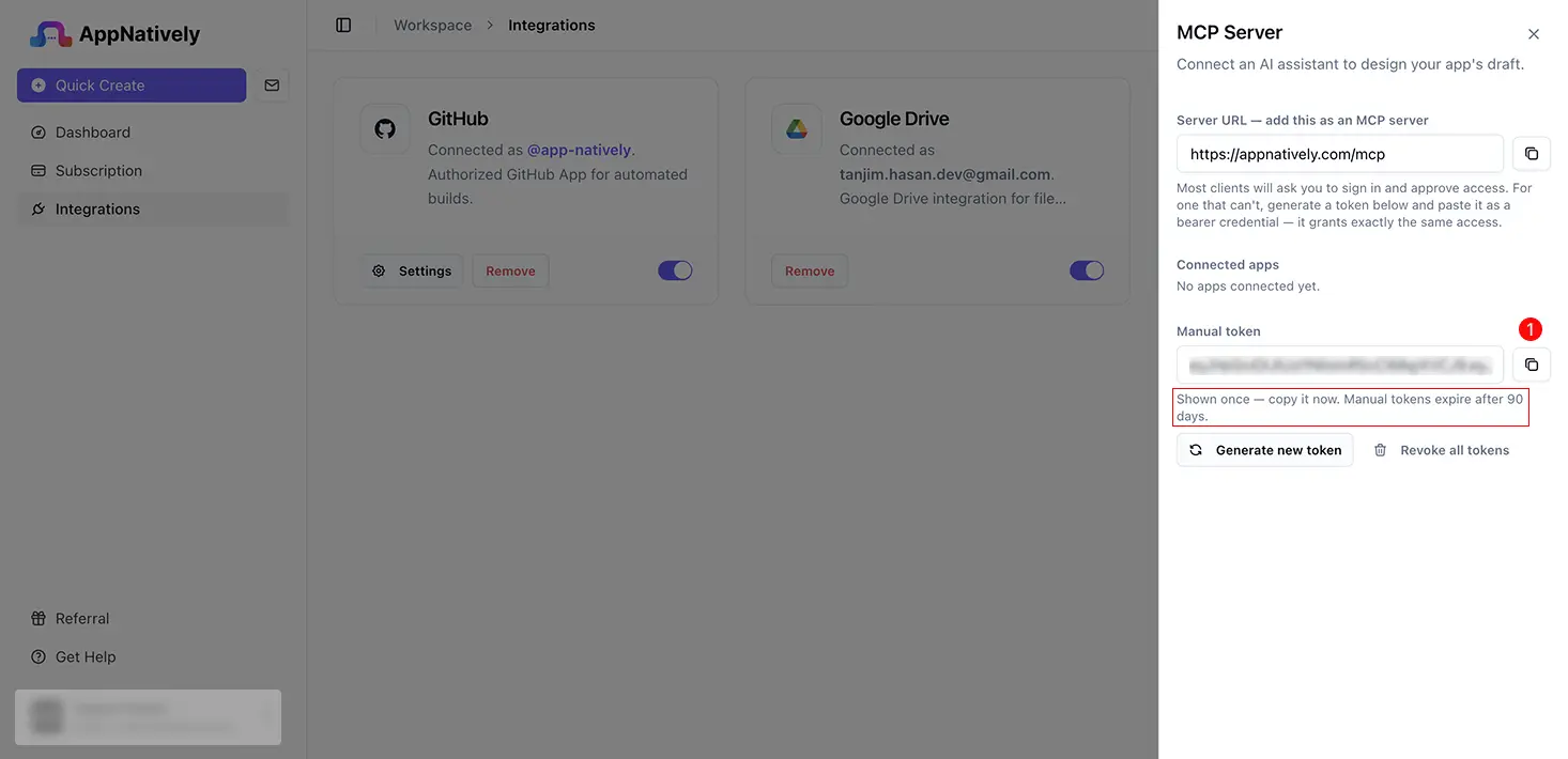 AppNatively Manual token section showing a newly generated token and a copy button.