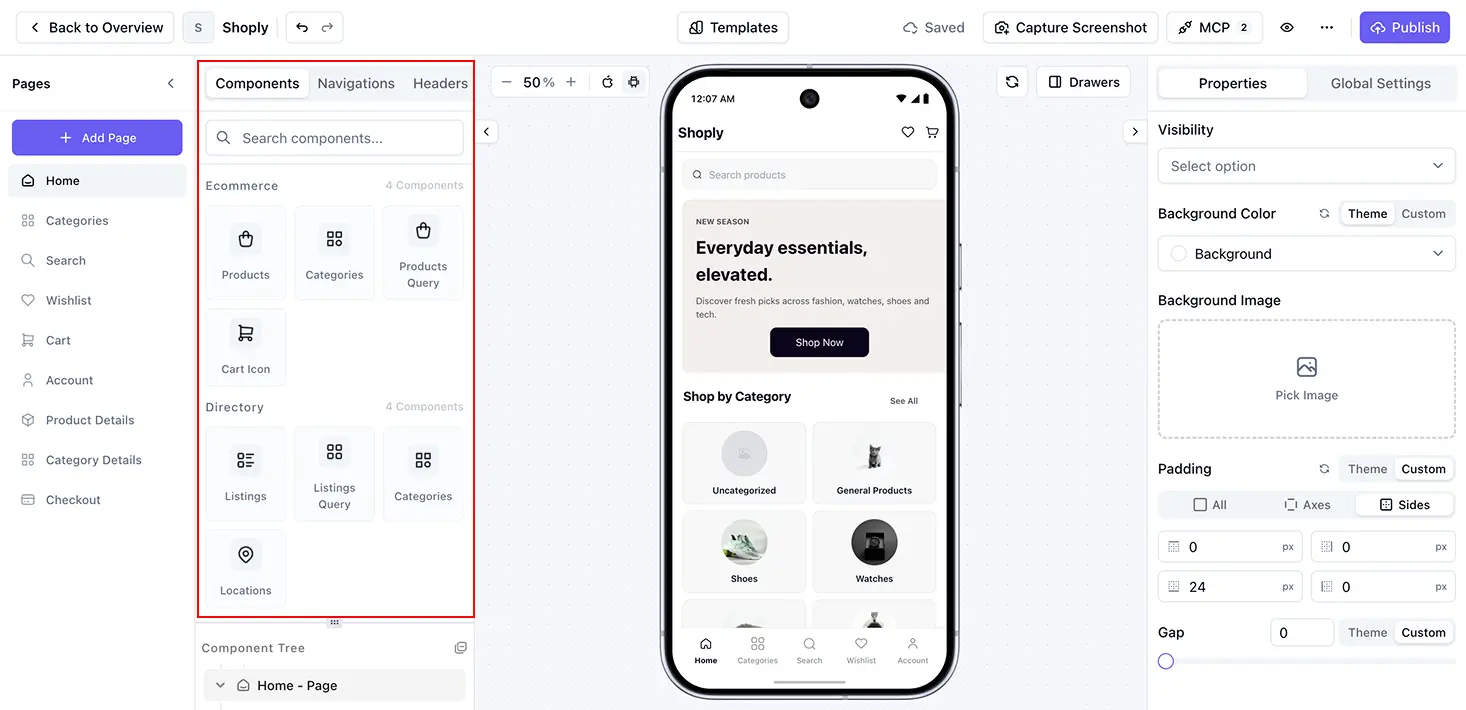 AppNatively component library open in the App Editor sidebar.