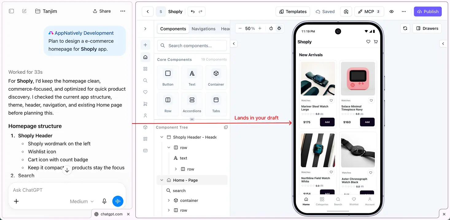ChatGPT building a Home page in the AppNatively App Editor from a plain-language request.
