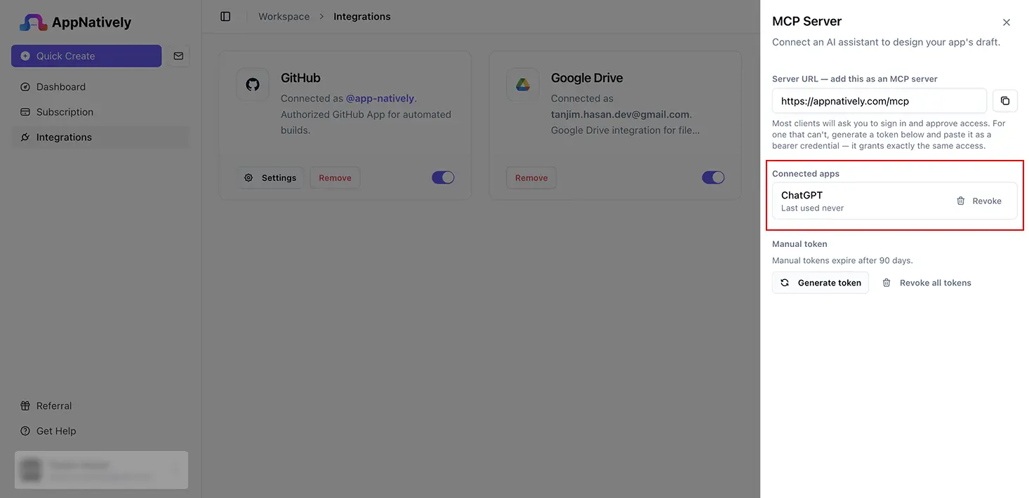 Connected apps list in AppNatively showing Claude as a connected AI assistant.
