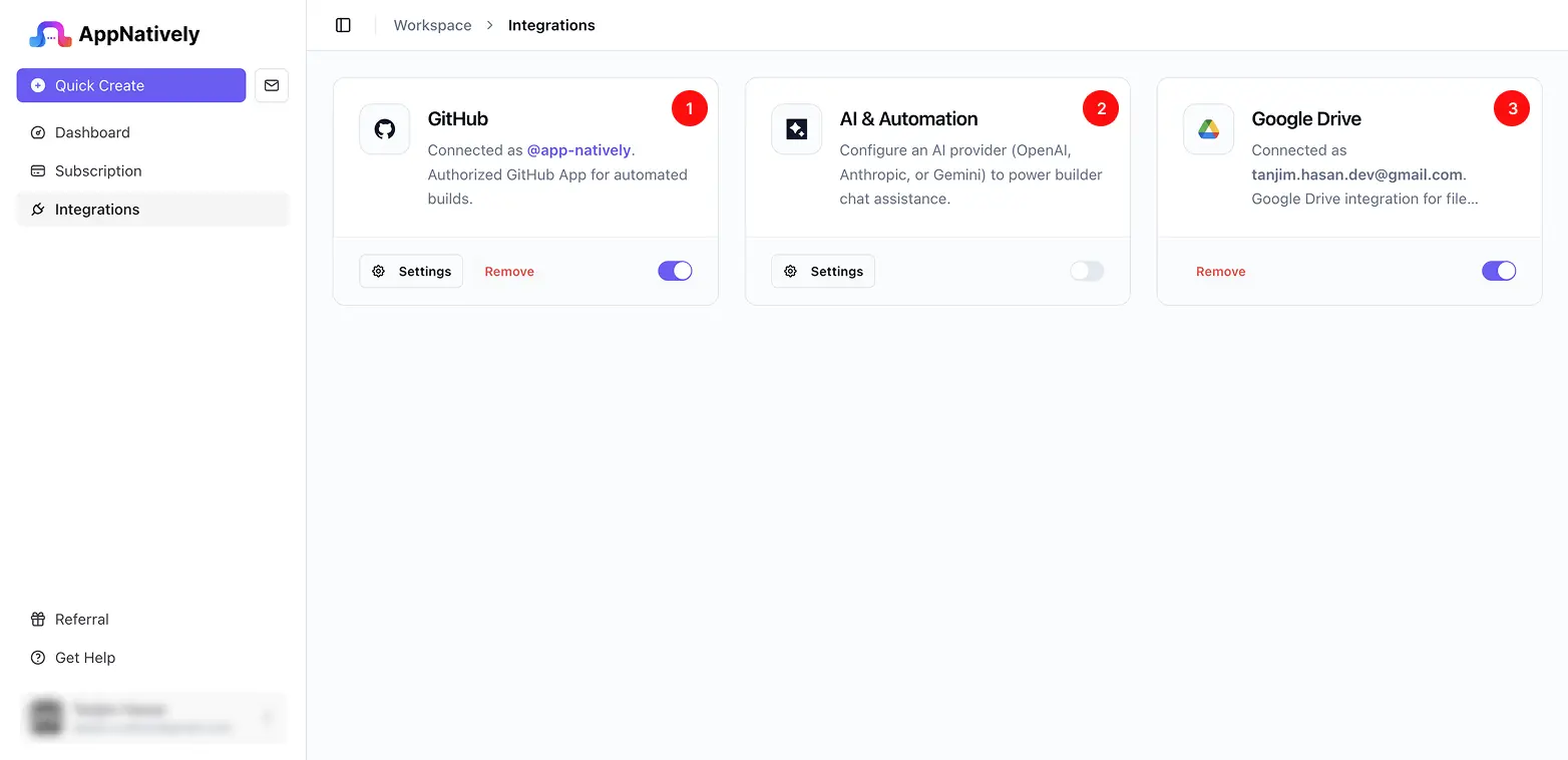 AppNatively Integrations page with the GitHub, Google Drive and MCP Server cards.