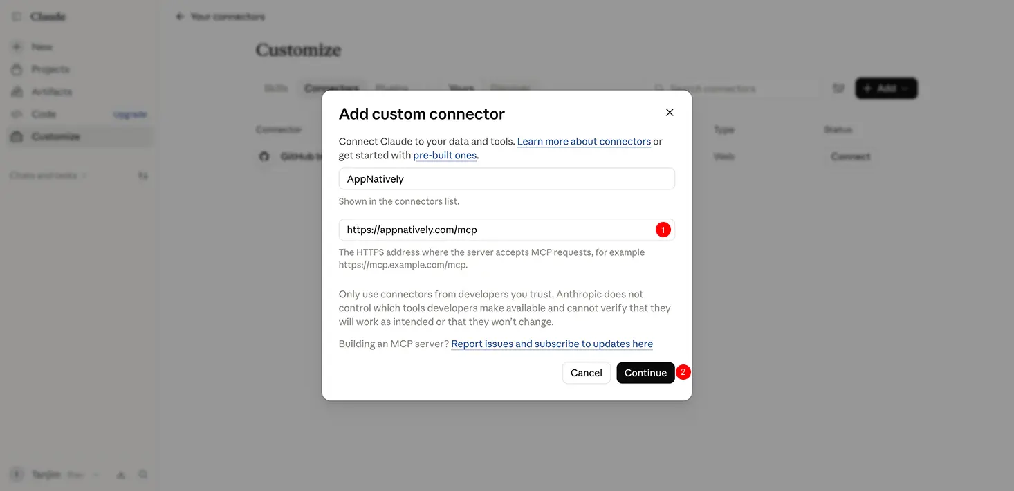 Claude’s Add custom connector dialog with the AppNatively MCP server URL entered.
