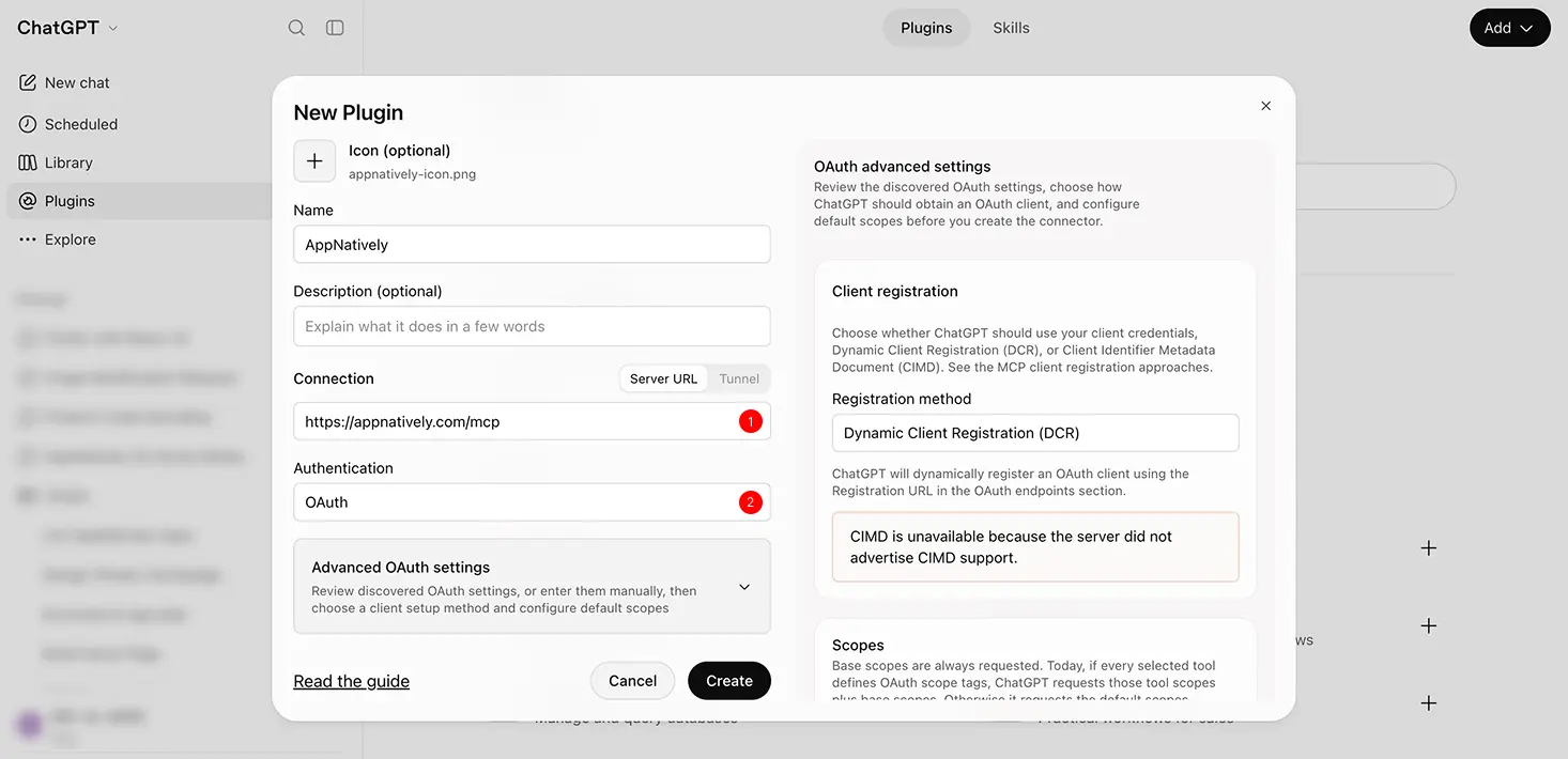ChatGPT developer mode form for adding the AppNatively MCP server with OAuth.