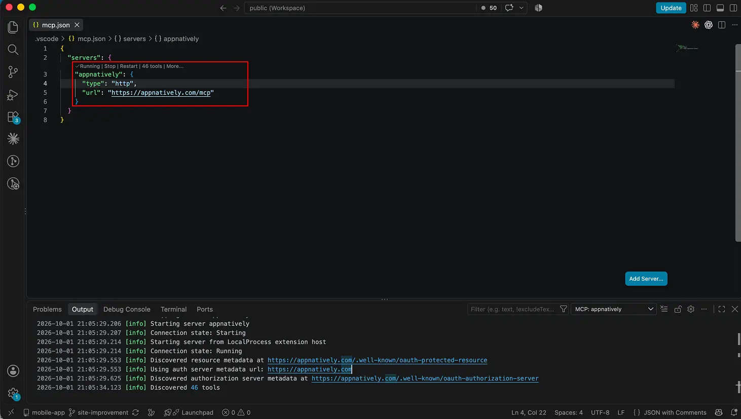 VS Code mcp.json with the AppNatively MCP server and its Start action.